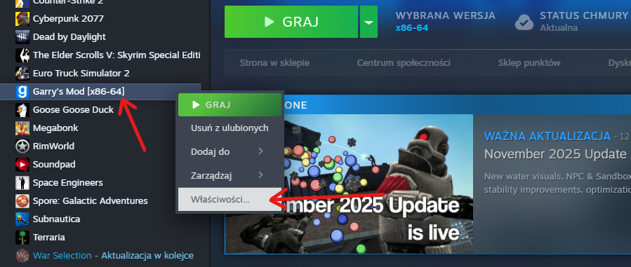Jak włączyć Garry's Mod 64-bit – wejście we właściwości gry na Steam