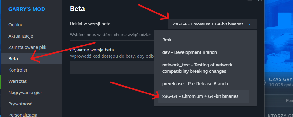 Garry's Mod beta x86-64 Chromium – wybór wersji 64 bit na Steam