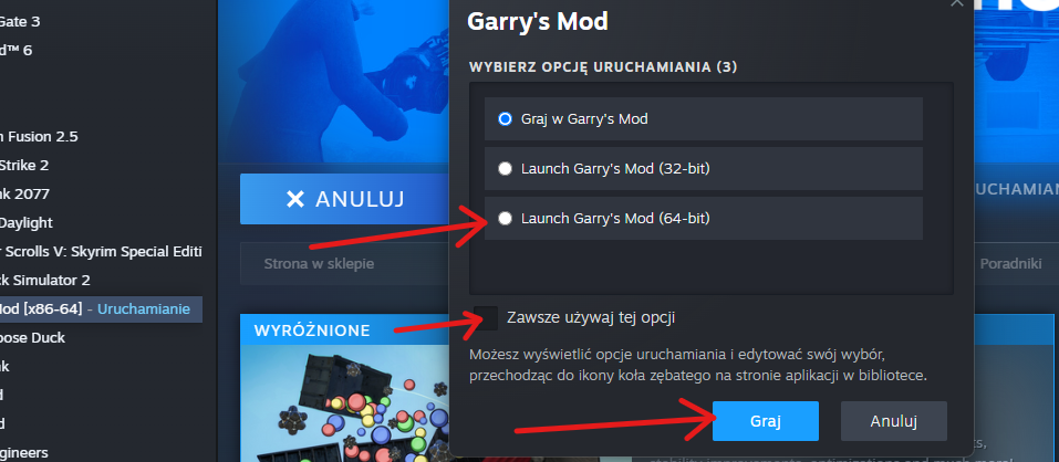 Uruchamianie Garry's Mod 64-bit – wybór wersji 64 bit przy starcie gry